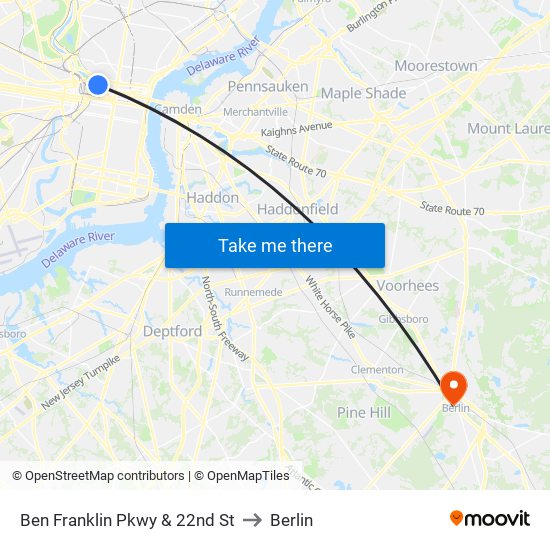 Ben Franklin Pkwy & 22nd St to Berlin map