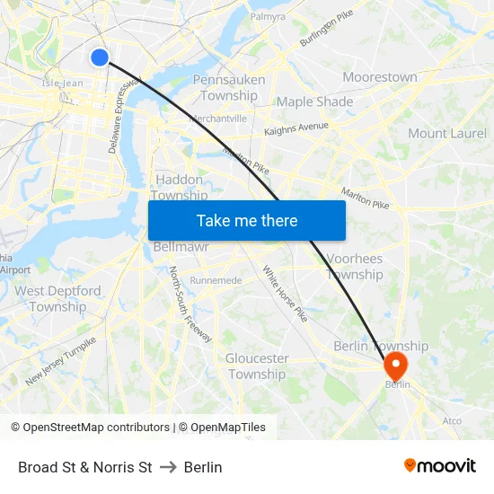 Broad St & Norris St to Berlin map