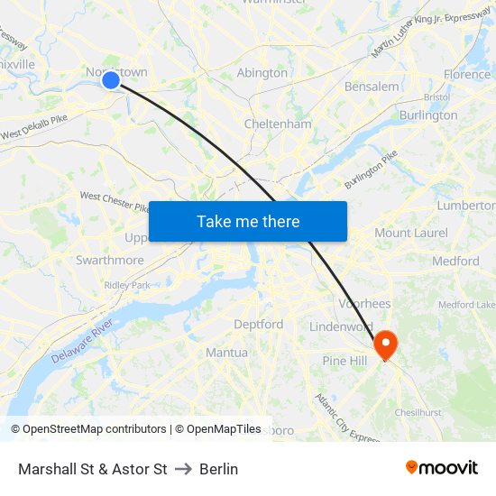 Marshall St & Astor St to Berlin map