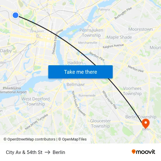 City Av & 54th St to Berlin map