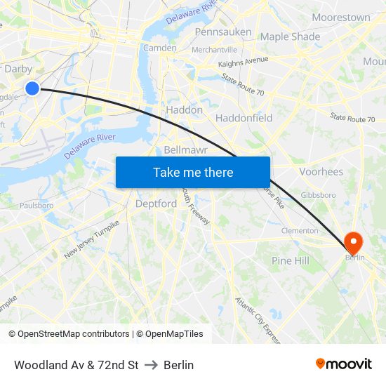 Woodland Av & 72nd St to Berlin map