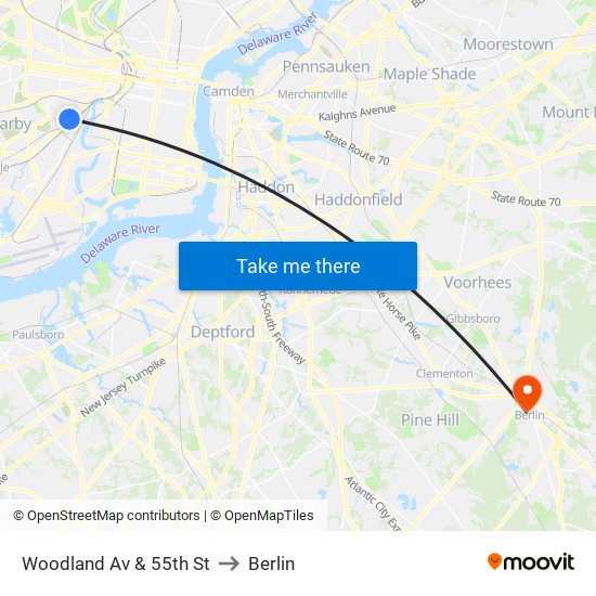 Woodland Av & 55th St to Berlin map