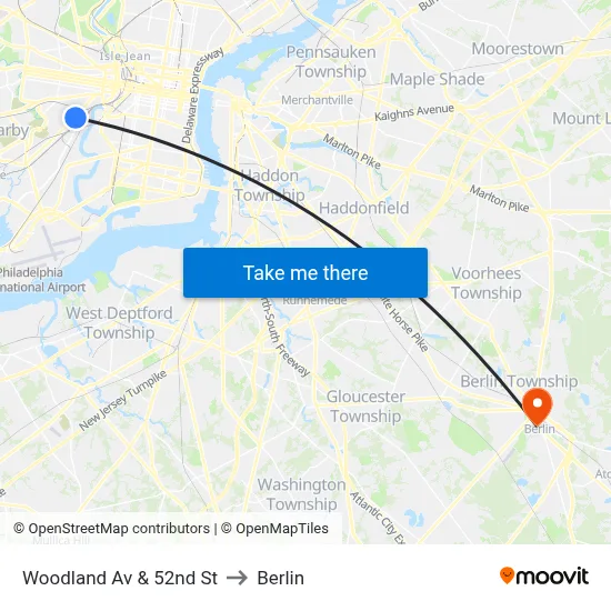 Woodland Av & 52nd St to Berlin map