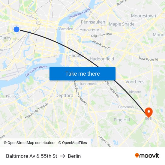 Baltimore Av & 55th St to Berlin map