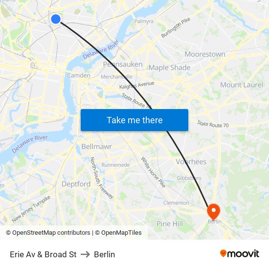 Erie Av & Broad St to Berlin map