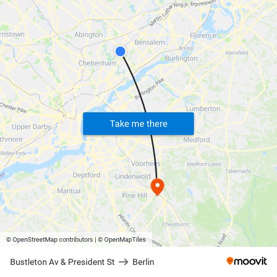 Bustleton Av & President St to Berlin map
