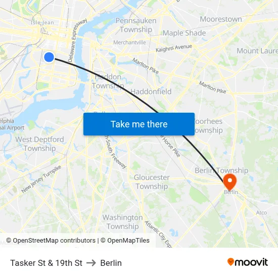 Tasker St & 19th St to Berlin map