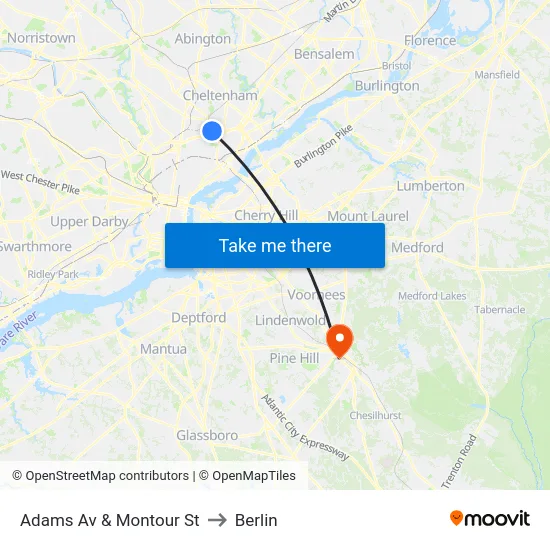 Adams Av & Montour St to Berlin map