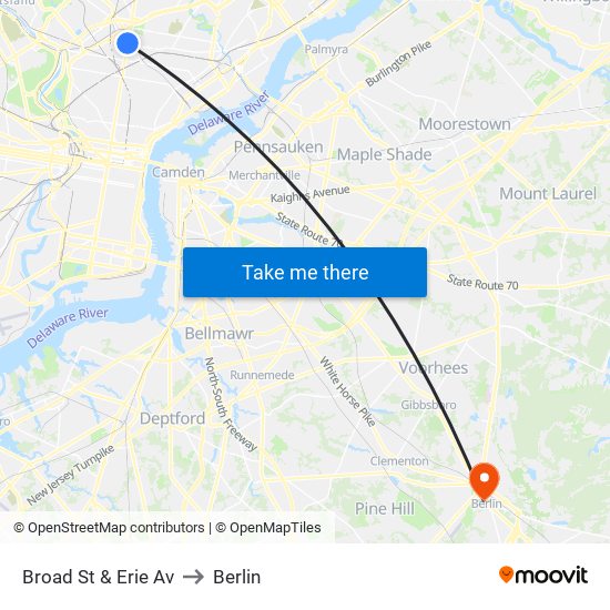 Broad St & Erie Av to Berlin map