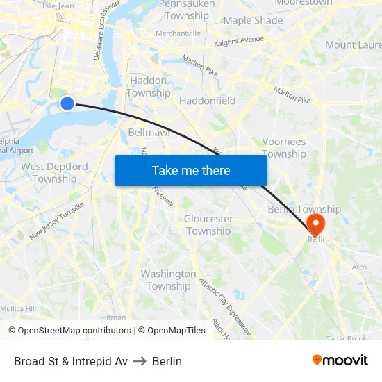 Broad St & Intrepid Av to Berlin map