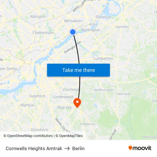 Cornwells Heights Amtrak to Berlin map