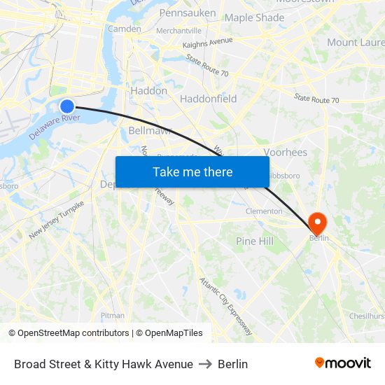 Broad Street & Kitty Hawk Avenue to Berlin map