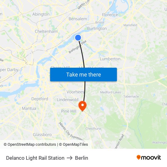 Delanco Light Rail Station to Berlin map