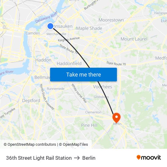 36th Street Light Rail Station to Berlin map