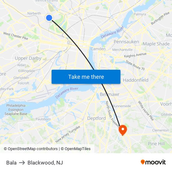 Bala to Blackwood, NJ map
