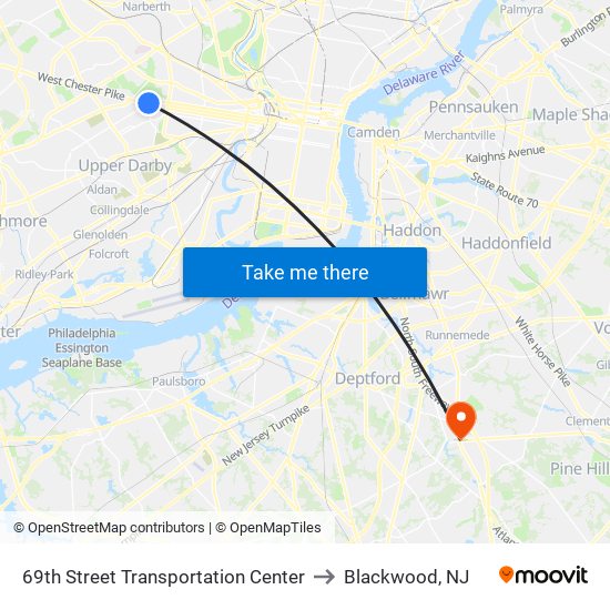 69th Street Transportation Center to Blackwood, NJ map
