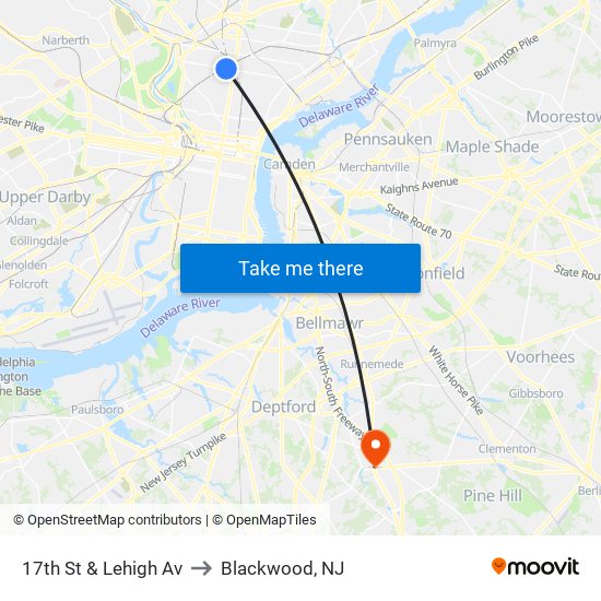 17th St & Lehigh Av to Blackwood, NJ map