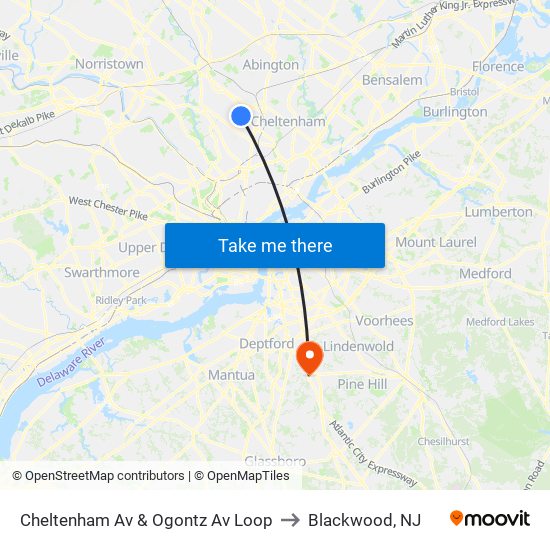 Cheltenham Av & Ogontz Av Loop to Blackwood, NJ map
