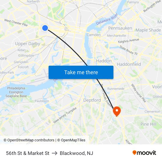 56th St & Market St to Blackwood, NJ map