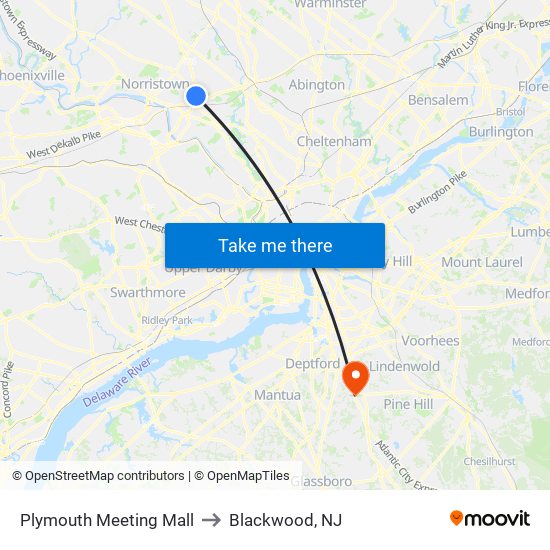 Plymouth Meeting Mall to Blackwood, NJ map