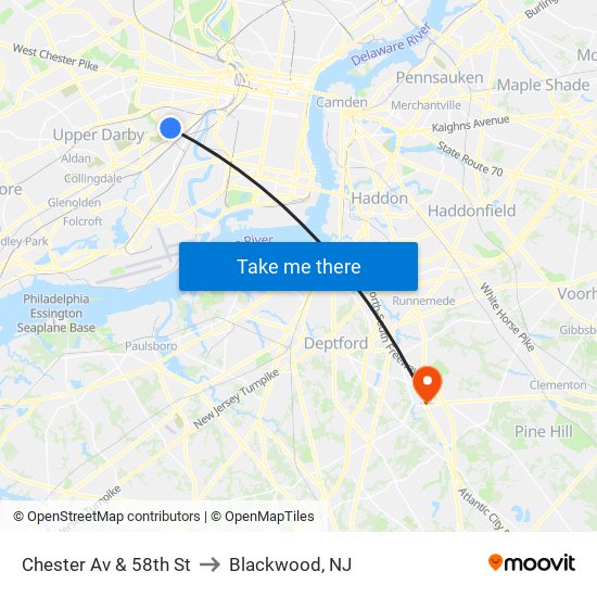 Chester Av & 58th St to Blackwood, NJ map