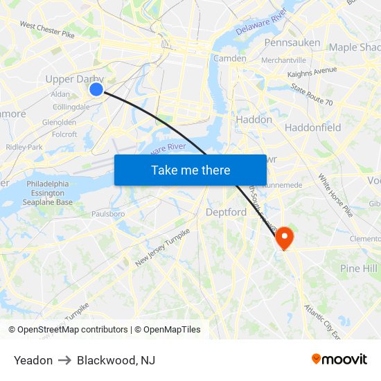 Yeadon to Blackwood, NJ map