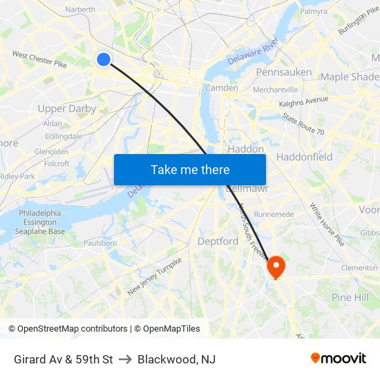 Girard Av & 59th St to Blackwood, NJ map