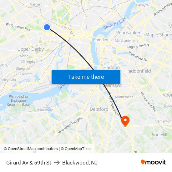 Girard Av & 59th St to Blackwood, NJ map