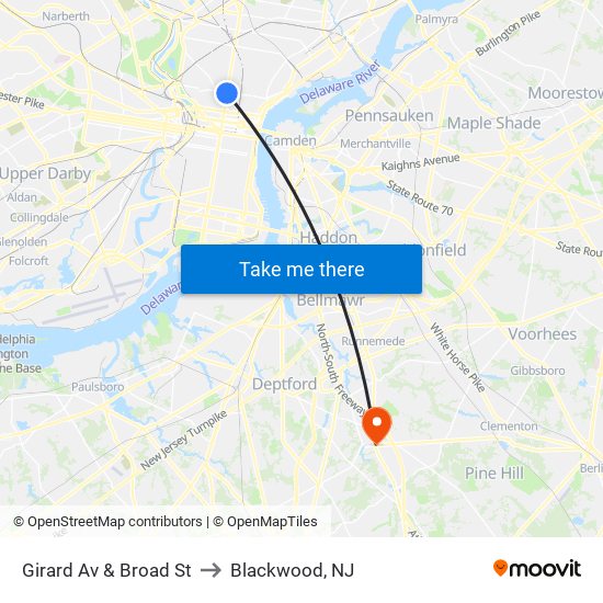 Girard Av & Broad St to Blackwood, NJ map