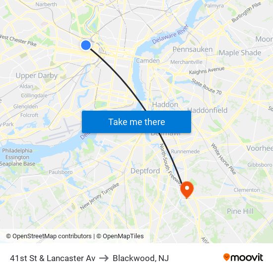 41st St & Lancaster Av to Blackwood, NJ map