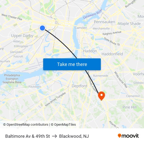 Baltimore Av & 49th St to Blackwood, NJ map