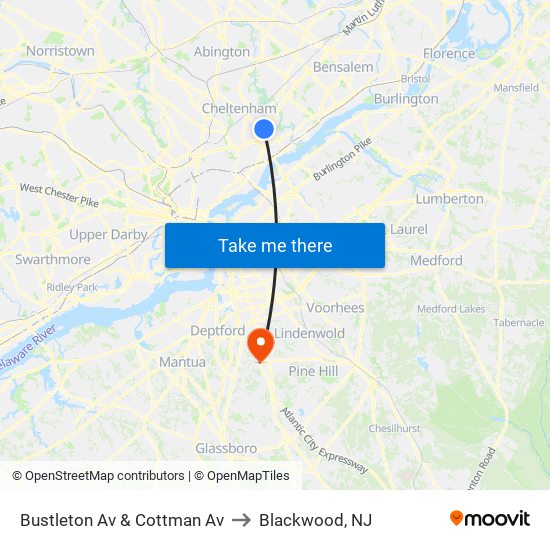 Bustleton Av & Cottman Av to Blackwood, NJ map