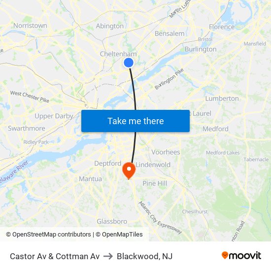 Castor Av & Cottman Av to Blackwood, NJ map