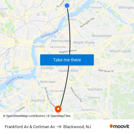 Frankford Av & Cottman Av to Blackwood, NJ map