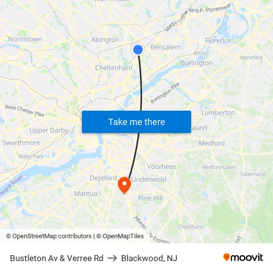 Bustleton Av & Verree Rd to Blackwood, NJ map