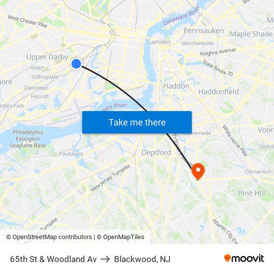 65th St & Woodland Av to Blackwood, NJ map