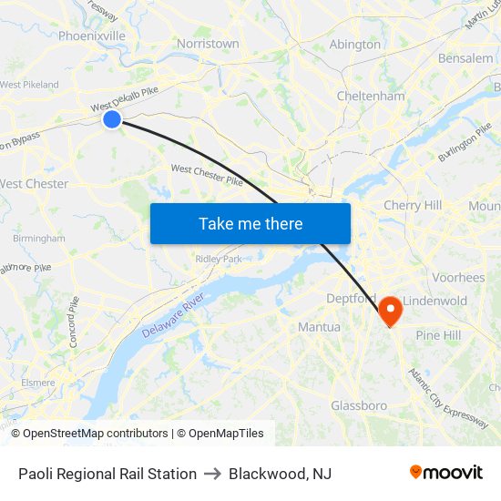 Paoli Regional Rail Station to Blackwood, NJ map