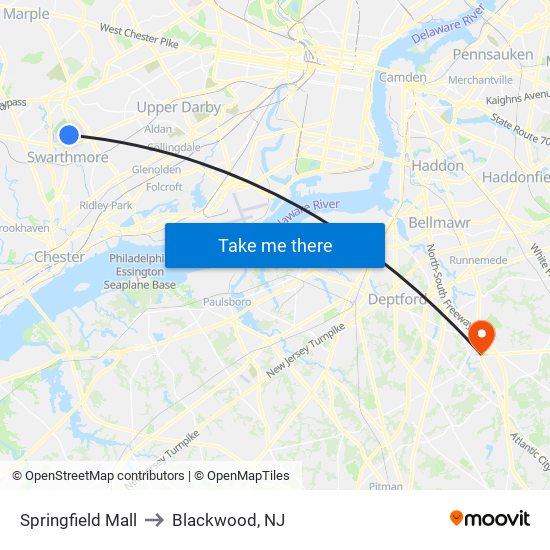 Springfield Mall to Blackwood, NJ map