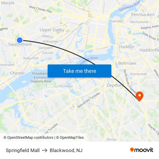 Springfield Mall to Blackwood, NJ map