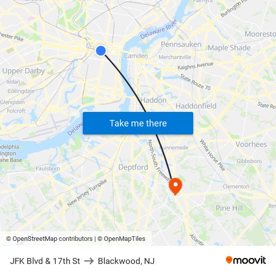 JFK Blvd & 17th St to Blackwood, NJ map