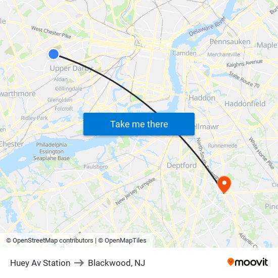 Huey Av Station to Blackwood, NJ map