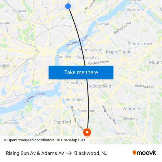 Rising Sun Av & Adams Av to Blackwood, NJ map