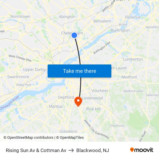 Rising Sun Av & Cottman Av to Blackwood, NJ map
