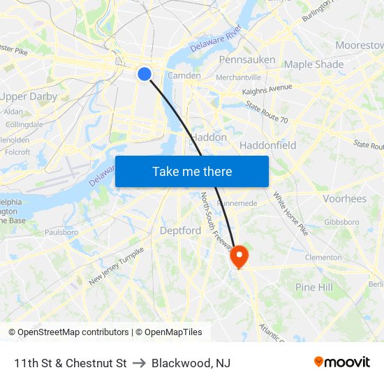 11th St & Chestnut St to Blackwood, NJ map