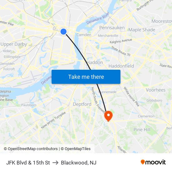 JFK Blvd & 15th St to Blackwood, NJ map