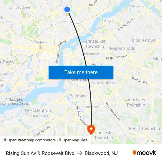 Rising Sun Av & Roosevelt Blvd to Blackwood, NJ map