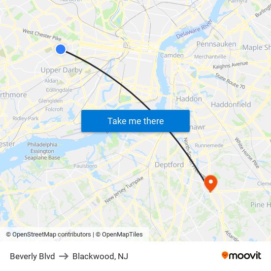 Beverly Blvd to Blackwood, NJ map