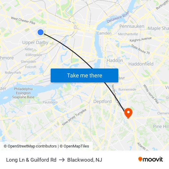 Long Ln & Guilford Rd to Blackwood, NJ map