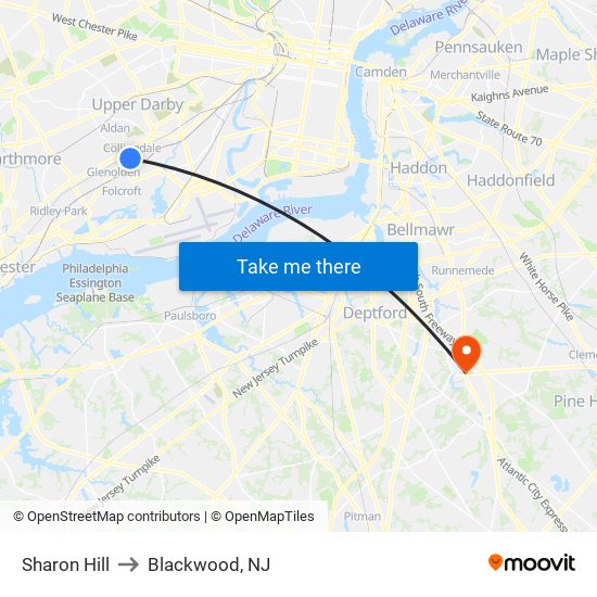 Sharon Hill to Blackwood, NJ map