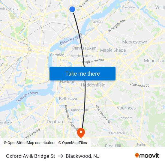 Oxford Av & Bridge St to Blackwood, NJ map